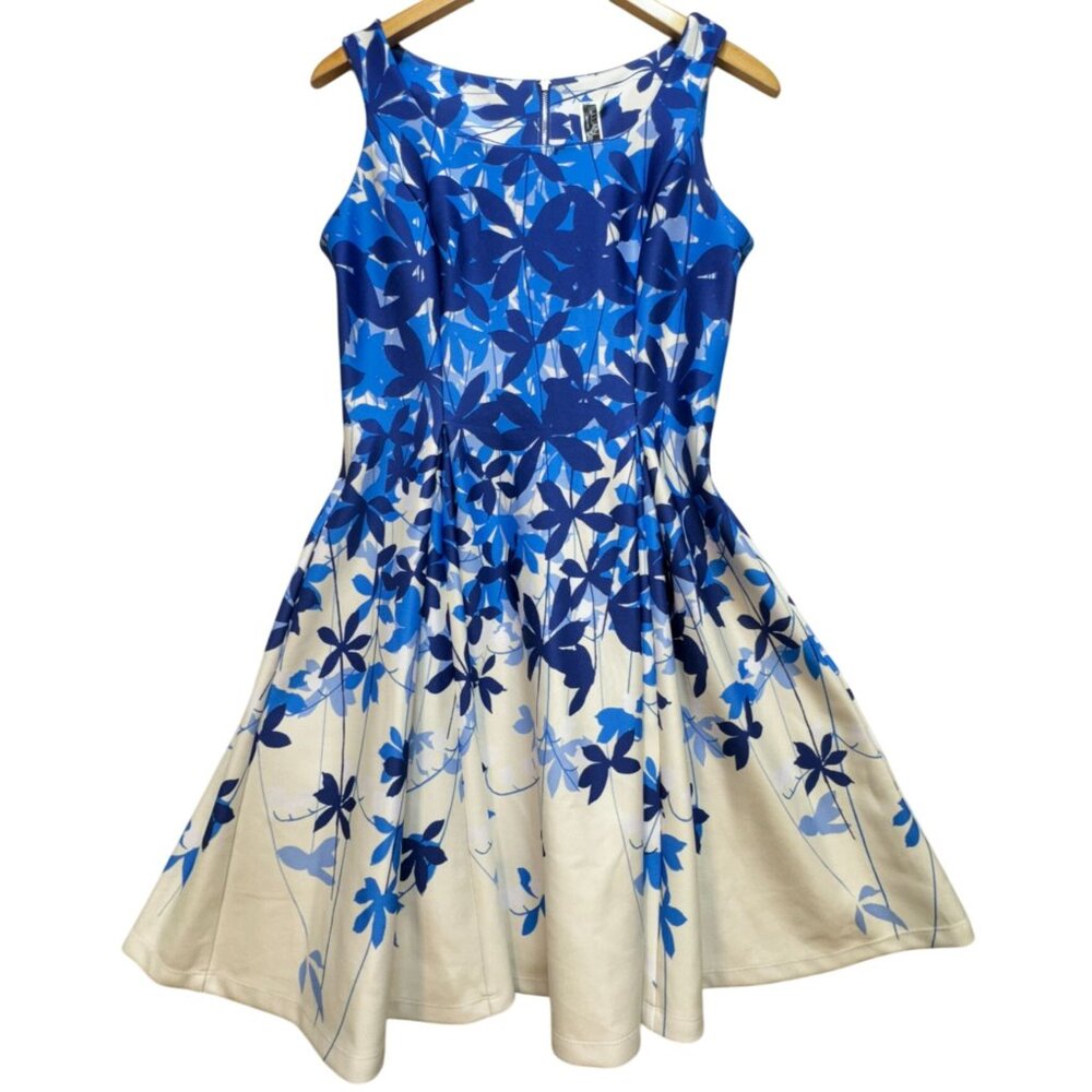 Julian Taylor Womens Fit & Flare Dress Sleeveless Stretch Sz 8 Blue White Floral